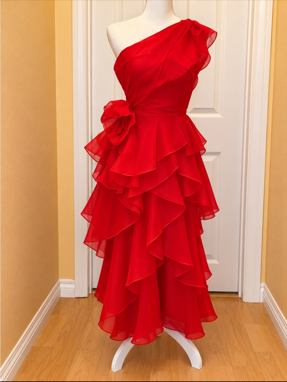 Mignov One-Shoulder Ruffle Dress in Red Like New